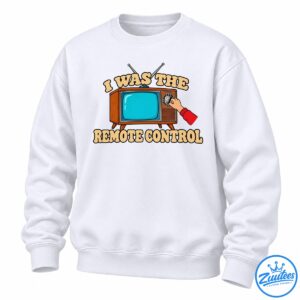 Retro TV shirt design with a wooden vintage television, turquoise screen, rabbit-ear antennas, a hand turning the dial, and I Was the Remote Control text.