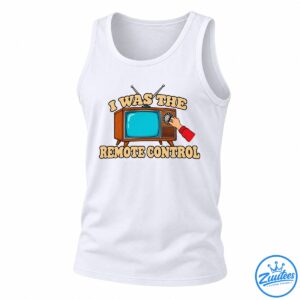 Retro TV shirt design with a wooden vintage television, turquoise screen, rabbit-ear antennas, a hand turning the dial, and I Was the Remote Control text.