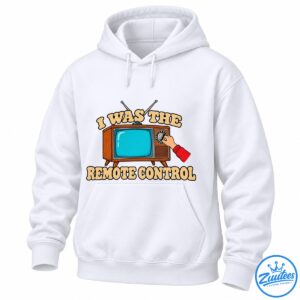 Retro TV shirt design with a wooden vintage television, turquoise screen, rabbit-ear antennas, a hand turning the dial, and I Was the Remote Control text.