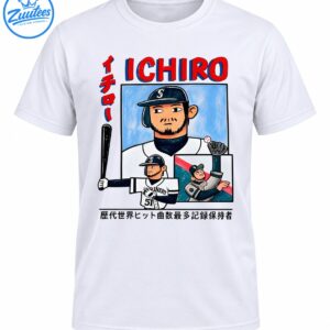 Ichiro Suzuki baseball shirt design with red ICHIRO lettering, number 51 jersey, and vintage comic-style player illustrations