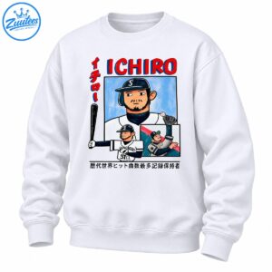 Ichiro Suzuki baseball shirt design with red ICHIRO lettering, number 51 jersey, and vintage comic-style player illustrations