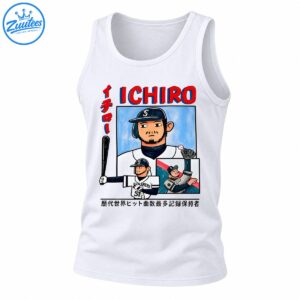 Ichiro Suzuki baseball shirt design with red ICHIRO lettering, number 51 jersey, and vintage comic-style player illustrations