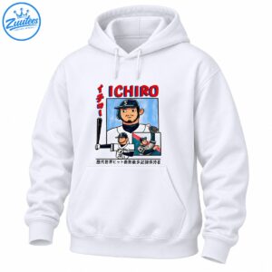 Ichiro Suzuki baseball shirt design with red ICHIRO lettering, number 51 jersey, and vintage comic-style player illustrations