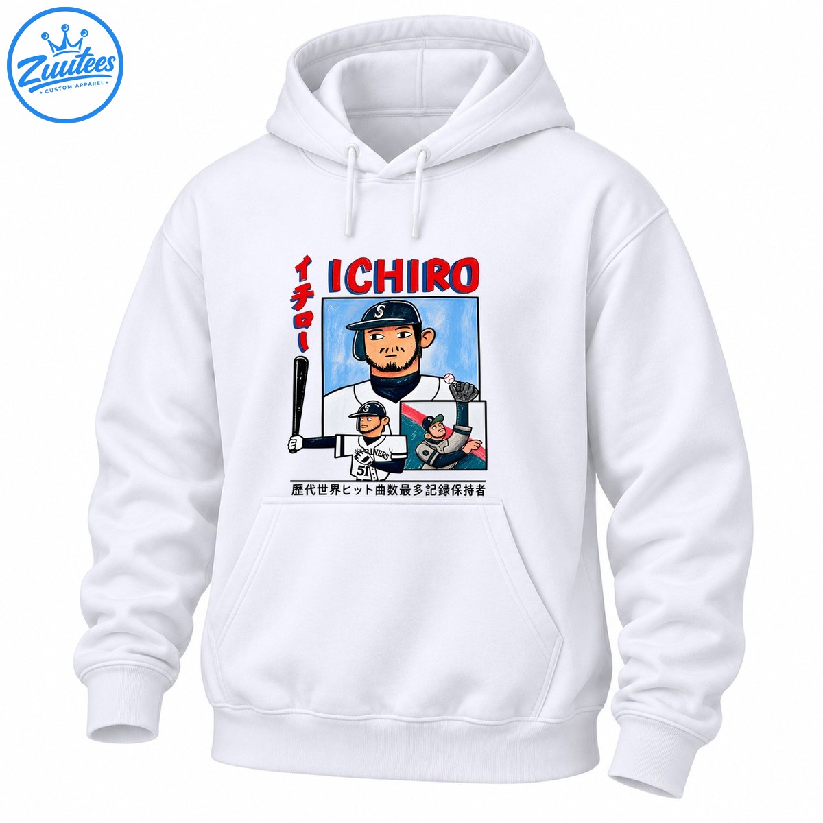 Ichiro Suzuki baseball shirt design with red ICHIRO lettering, number 51 jersey, and vintage comic style player illustrations Ichiro Suzuki baseball shirt design with red ICHIRO lettering, number 51 jersey, and vintage comic-style player illustrations