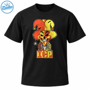 Sinister orange and yellow jester clown with sharp teeth, bats, dangling spider, chains, and ICP lettering