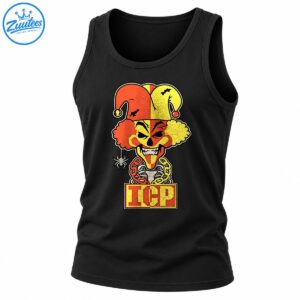 Sinister orange and yellow jester clown with sharp teeth, bats, dangling spider, chains, and ICP lettering