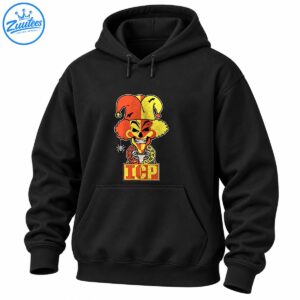 Sinister orange and yellow jester clown with sharp teeth, bats, dangling spider, chains, and ICP lettering