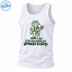 Funny green cartoon frog holding a drink in half office half tropical outfit with if it's not friday it's almost friday text