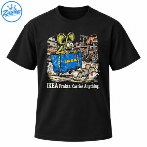 Green monster rat riding in a blue IKEA Frakta bag as an exhausted mouse pulls it through a junkyard