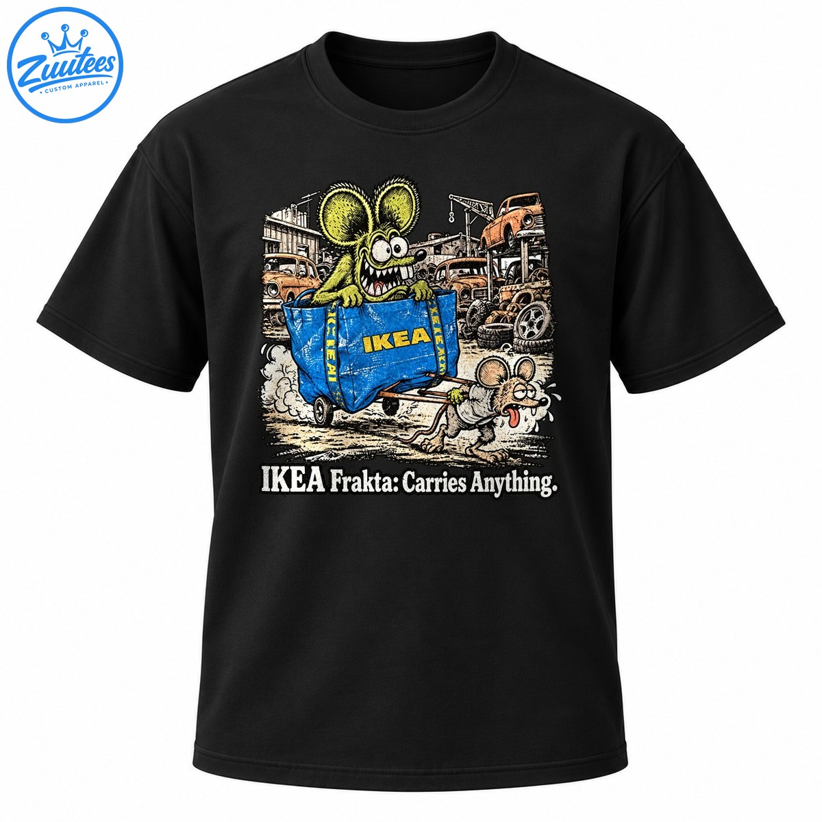 Green monster rat riding in a blue IKEA Frakta bag as an exhausted mouse pulls it through a junkyard Green monster rat riding in a blue IKEA Frakta bag as an exhausted mouse pulls it through a junkyard