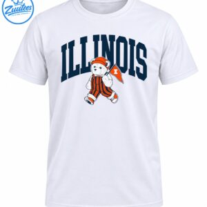 White teddy bear in orange and navy striped overalls holding an orange pennant beneath bold navy ILLINOIS lettering