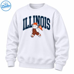 White teddy bear in orange and navy striped overalls holding an orange pennant beneath bold navy ILLINOIS lettering