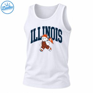 White teddy bear in orange and navy striped overalls holding an orange pennant beneath bold navy ILLINOIS lettering