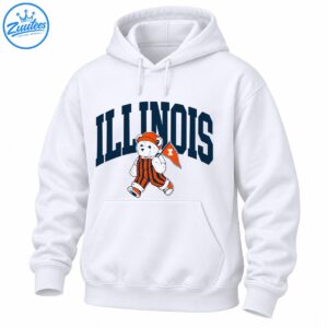 White teddy bear in orange and navy striped overalls holding an orange pennant beneath bold navy ILLINOIS lettering