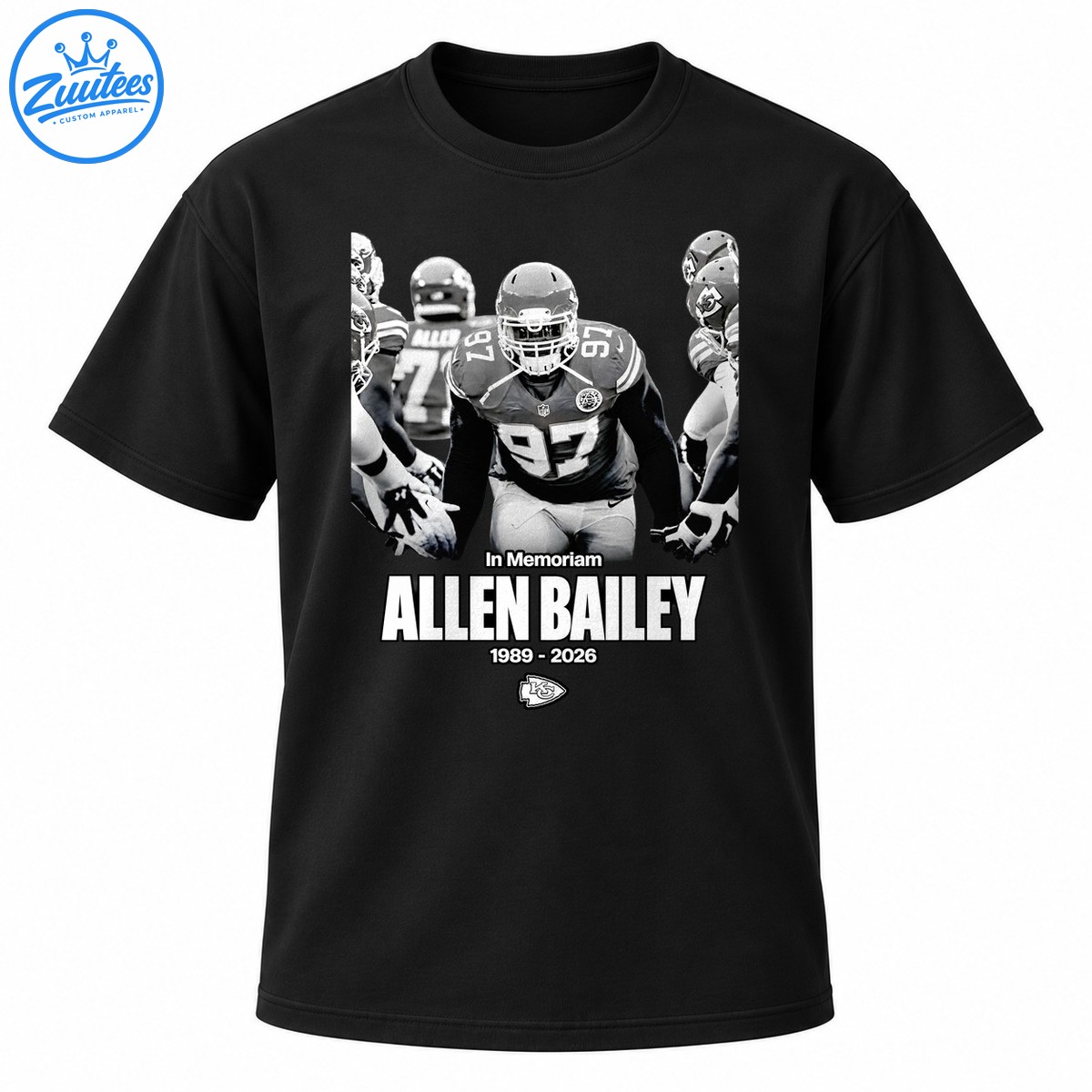 Black and white Allen Bailey memorial football shirt design with jersey number 97, 1989–2026 dates, and arrowhead emblem Black and white Allen Bailey memorial football shirt design with jersey number 97, 1989–2026 dates, and arrowhead emblem