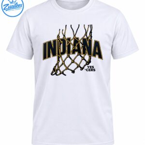 Indiana lettering in navy and gold over a black and gold basketball net with YES CERS text