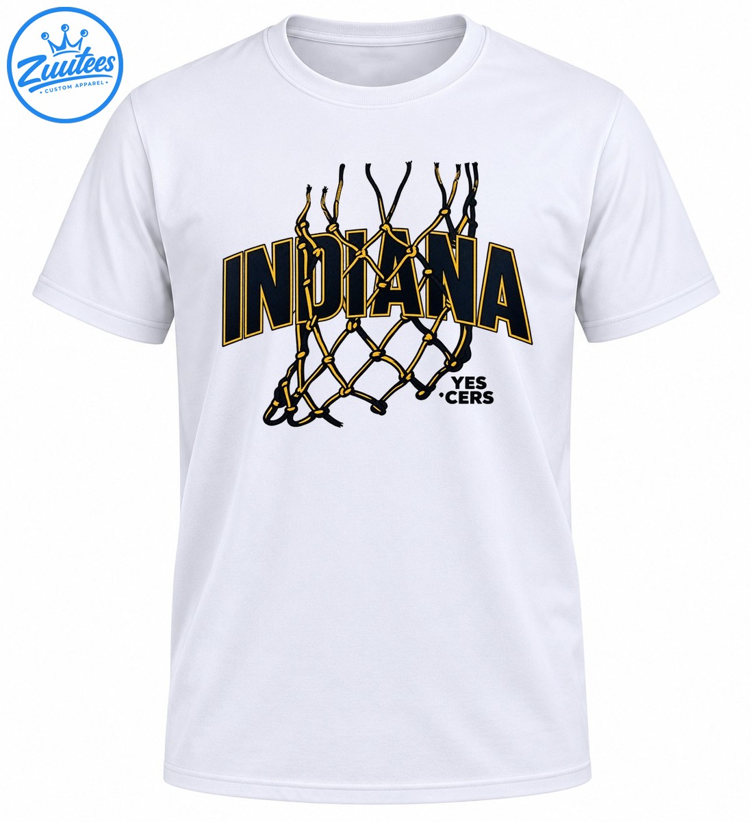 Indiana lettering in navy and gold over a black and gold basketball net with YES CERS text Indiana lettering in navy and gold over a black and gold basketball net with YES CERS text