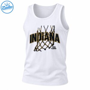 Indiana lettering in navy and gold over a black and gold basketball net with YES CERS text