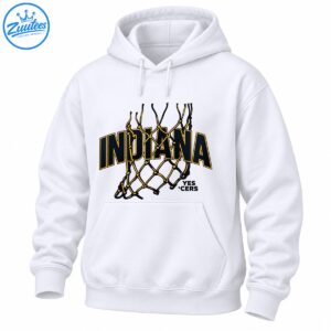 Indiana lettering in navy and gold over a black and gold basketball net with YES CERS text