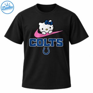 Hello Kitty with a blue bow on a pink swoosh above distressed blue COLTS lettering and a horseshoe