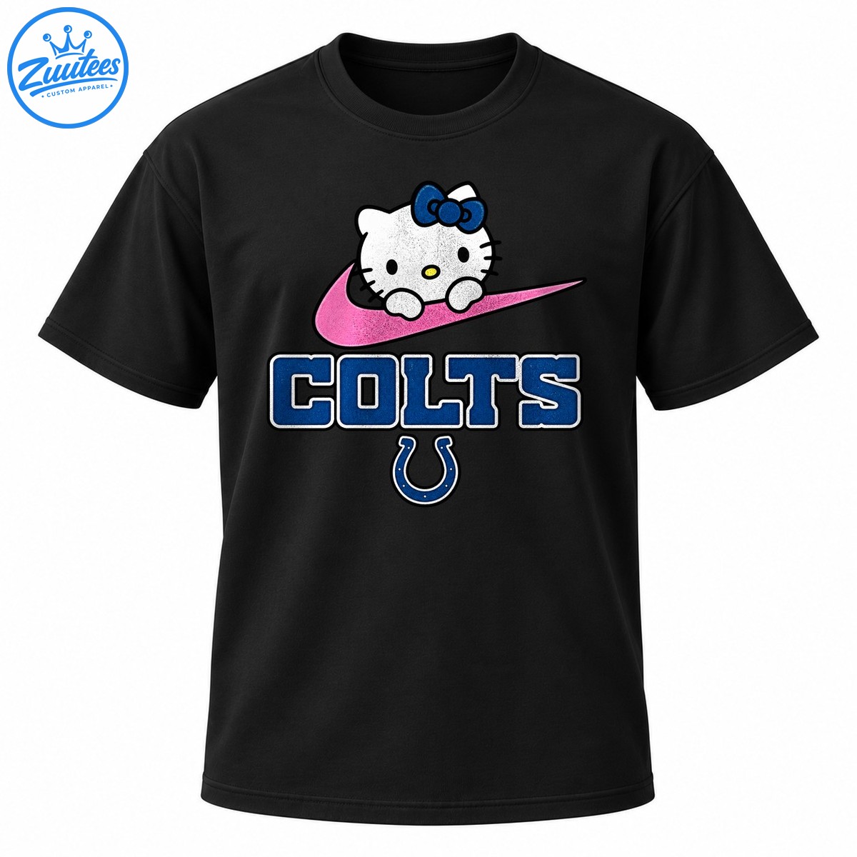 Hello Kitty with a blue bow on a pink swoosh above distressed blue COLTS lettering and a horseshoe Hello Kitty with a blue bow on a pink swoosh above distressed blue COLTS lettering and a horseshoe