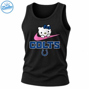 Hello Kitty with a blue bow on a pink swoosh above distressed blue COLTS lettering and a horseshoe