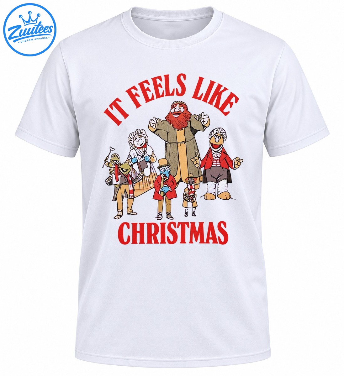It Feels Like Christmas shirt design with red vintage lettering and a cheerful group of colorful holiday characters It Feels Like Christmas shirt design with red vintage lettering and a cheerful group of colorful holiday characters