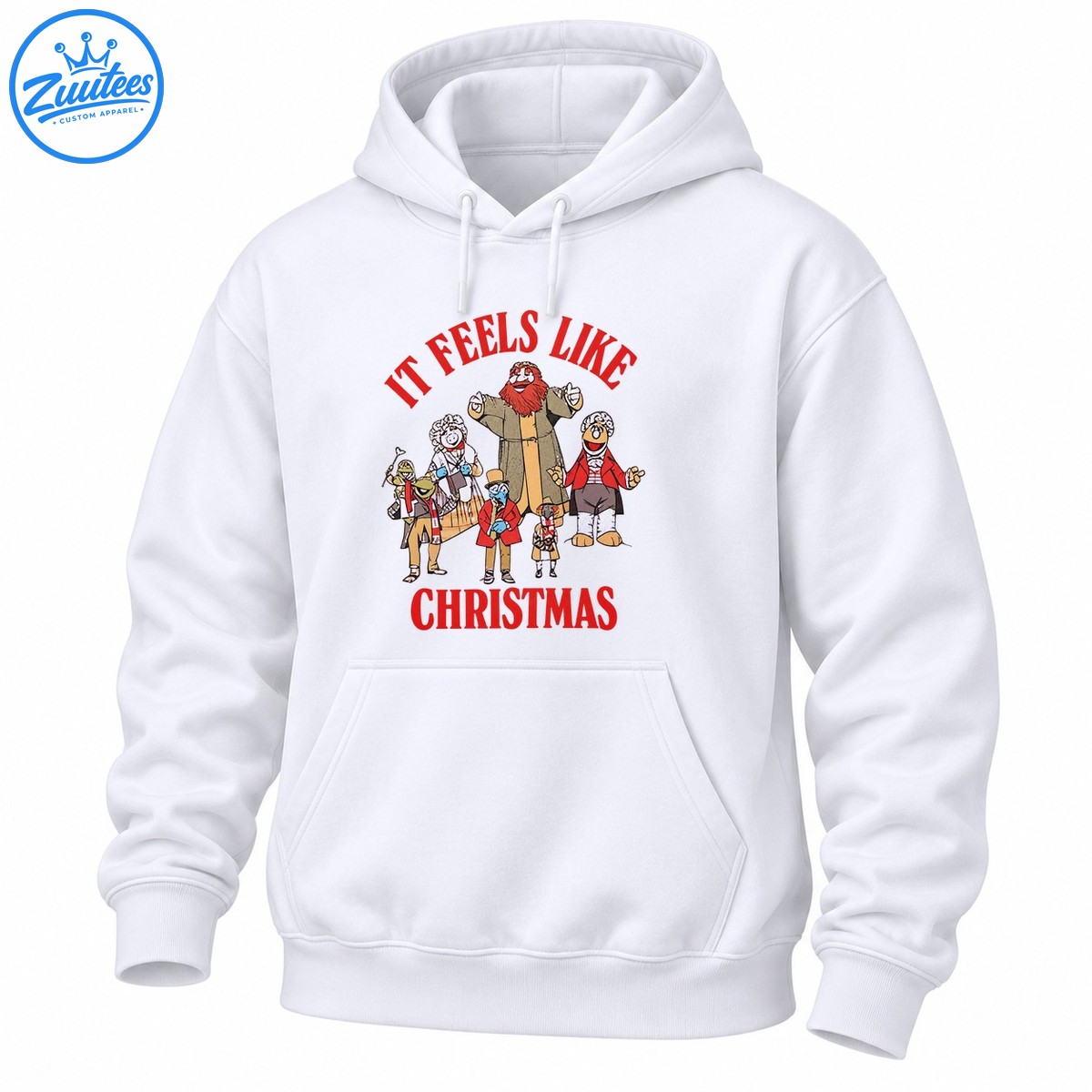 It Feels Like Christmas shirt design with red vintage lettering and a cheerful group of colorful holiday characters It Feels Like Christmas shirt design with red vintage lettering and a cheerful group of colorful holiday characters