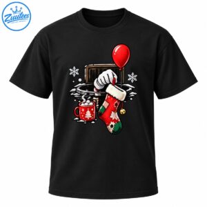 Spooky Christmas design with a red balloon, snowy manhole, white-gloved hand, festive stocking, and hot cocoa mug