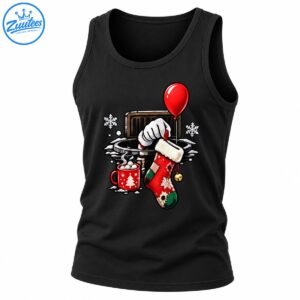 Spooky Christmas design with a red balloon, snowy manhole, white-gloved hand, festive stocking, and hot cocoa mug