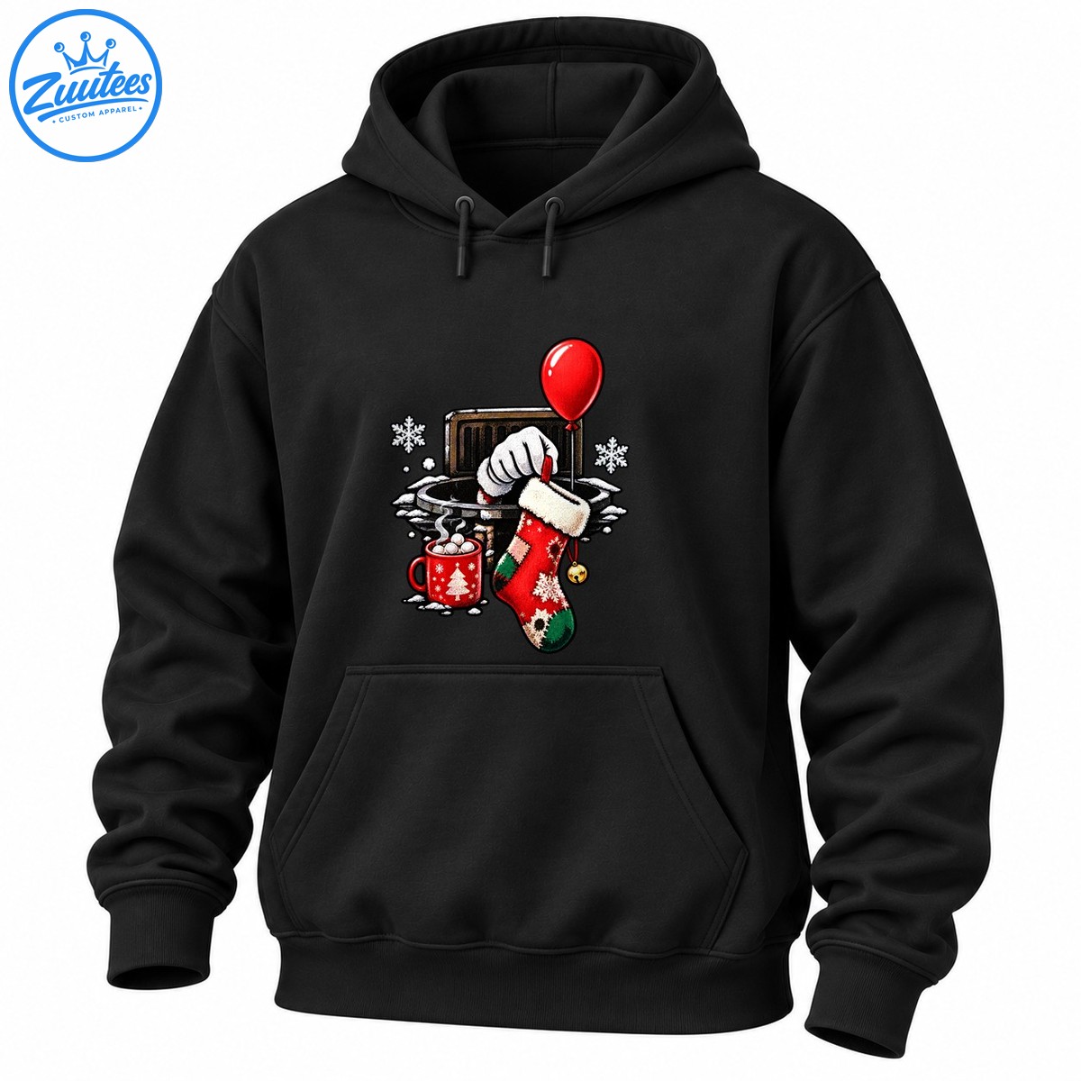 Spooky Christmas design with a red balloon, snowy manhole, white gloved hand, festive stocking, and hot cocoa mug Spooky Christmas design with a red balloon, snowy manhole, white-gloved hand, festive stocking, and hot cocoa mug