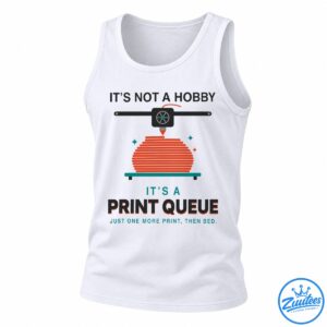 Funny 3D printing shirt design with a printer, orange filament, teal accents, and the text Just One More Print, Then Bed
