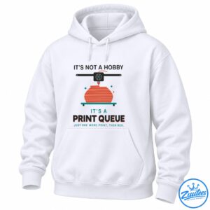 Funny 3D printing shirt design with a printer, orange filament, teal accents, and the text Just One More Print, Then Bed