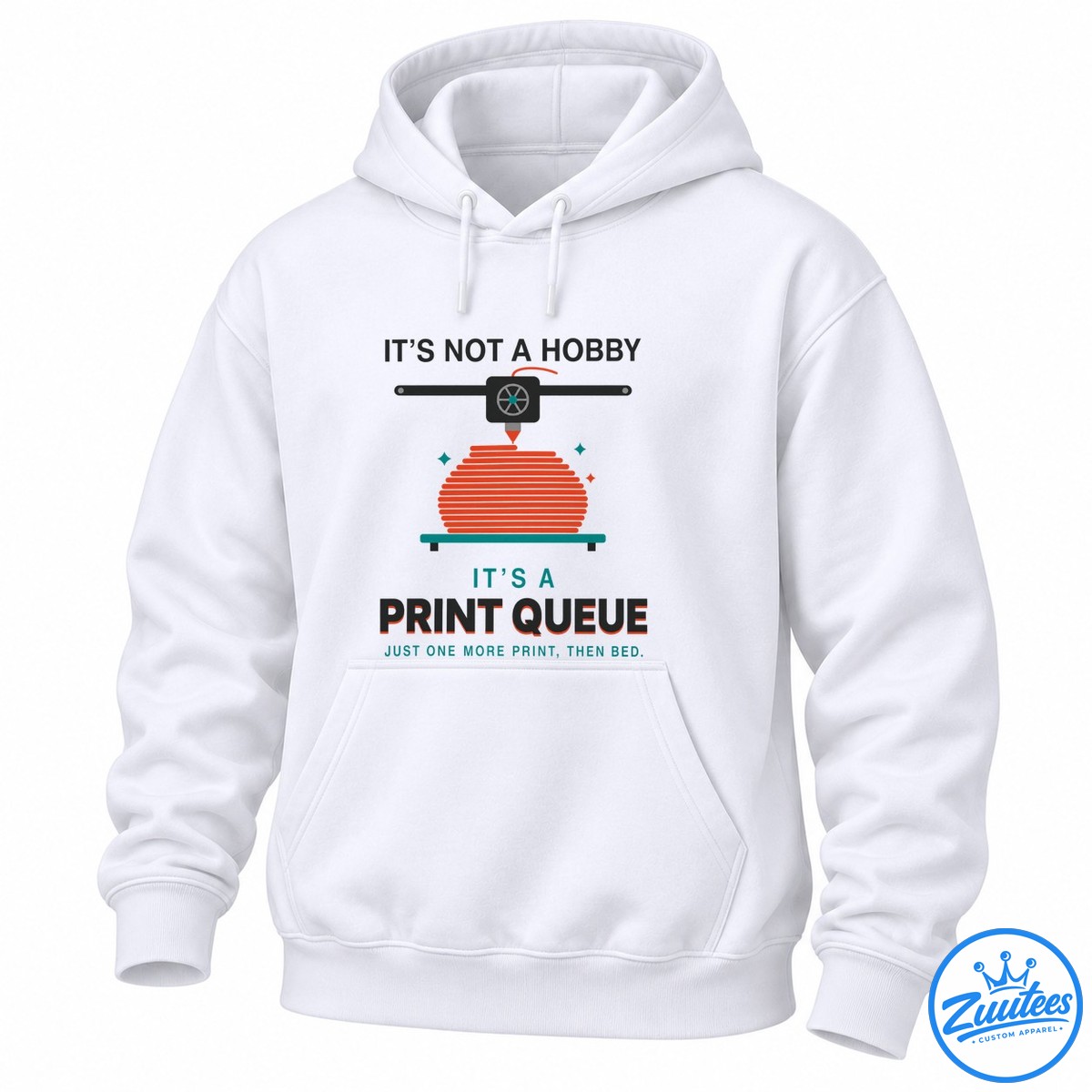Funny 3D printing shirt design with a printer, orange filament, teal accents, and the text Just One More Print, Then Bed Funny 3D printing shirt design with a printer, orange filament, teal accents, and the text Just One More Print, Then Bed