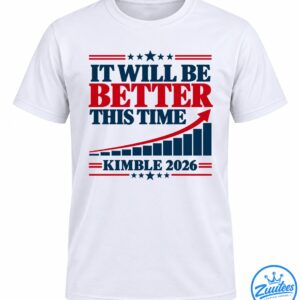 Kimble 2026 Shirt with red and navy lettering, stars, stripes, rising bar chart, and arrow