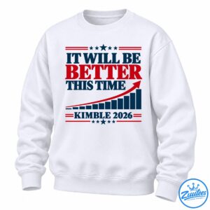Kimble 2026 Shirt with red and navy lettering, stars, stripes, rising bar chart, and arrow