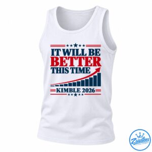 Kimble 2026 Shirt with red and navy lettering, stars, stripes, rising bar chart, and arrow