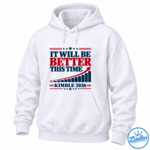Kimble 2026 Shirt with red and navy lettering, stars, stripes, rising bar chart, and arrow