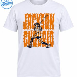 Retro baseball graphic featuring a batter mid-swing with distressed orange lettering and navy, black, and cream details