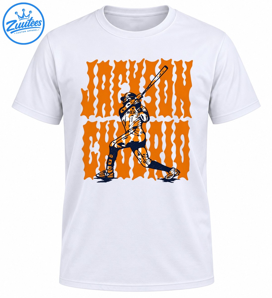 Retro baseball graphic featuring a batter mid swing with distressed orange lettering and navy, black, and cream details Retro baseball graphic featuring a batter mid-swing with distressed orange lettering and navy, black, and cream details