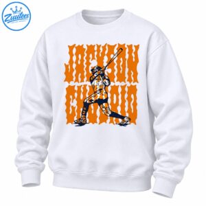 Retro baseball graphic featuring a batter mid-swing with distressed orange lettering and navy, black, and cream details