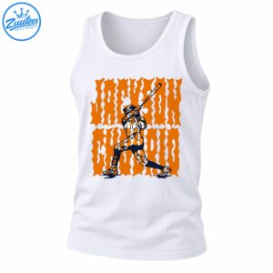 Retro baseball graphic featuring a batter mid-swing with distressed orange lettering and navy, black, and cream details