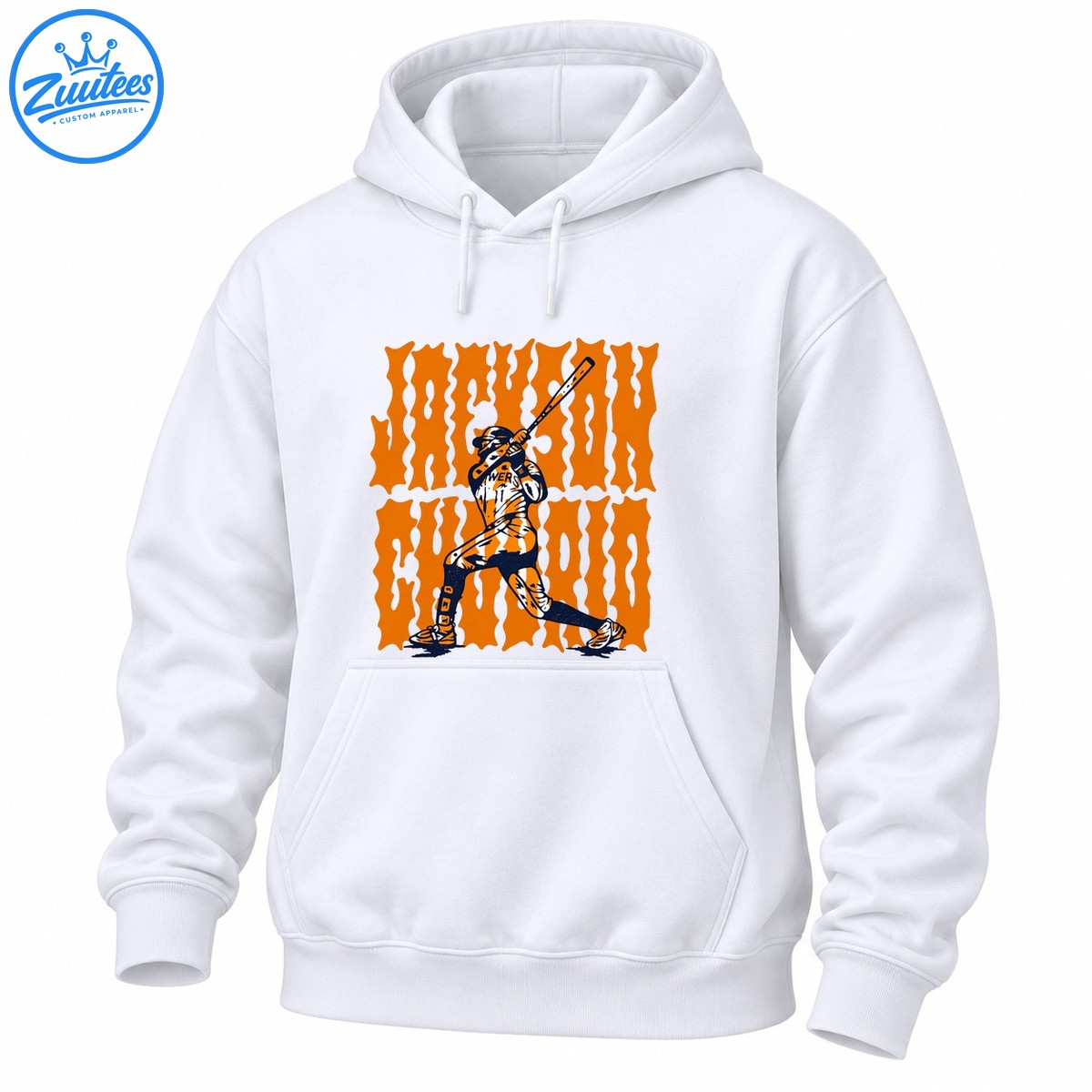 Retro baseball graphic featuring a batter mid swing with distressed orange lettering and navy, black, and cream details Retro baseball graphic featuring a batter mid-swing with distressed orange lettering and navy, black, and cream details