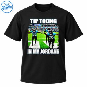 Football celebration graphic with teal and black uniformed players, stadium crowd, and bold Tip Toeing In My Jordans text