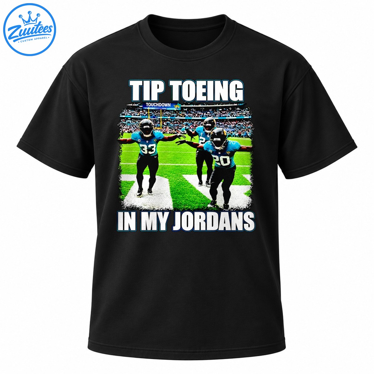 Football celebration graphic with teal and black uniformed players, stadium crowd, and bold Tip Toeing In My Jordans text Football celebration graphic with teal and black uniformed players, stadium crowd, and bold Tip Toeing In My Jordans text