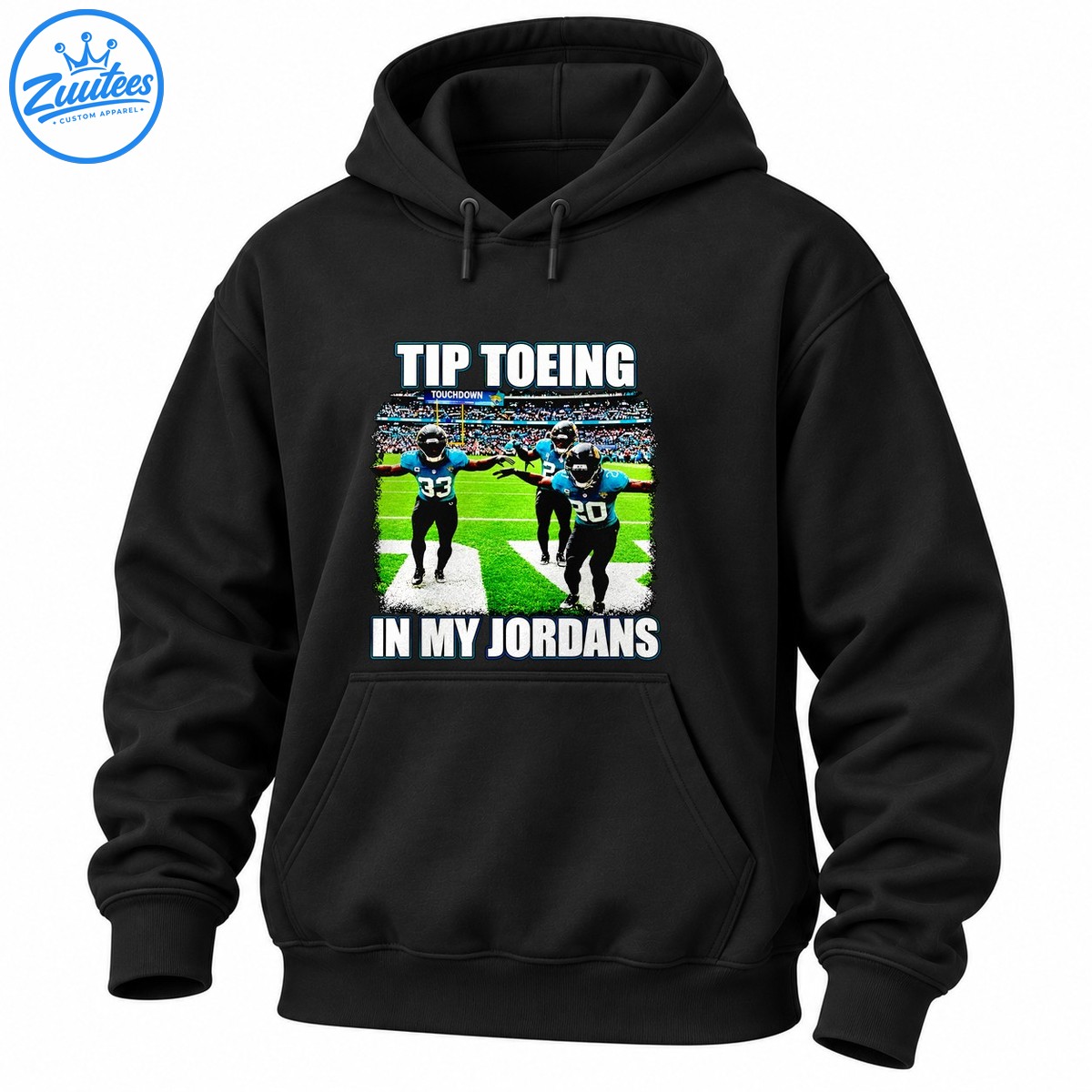 Football celebration graphic with teal and black uniformed players, stadium crowd, and bold Tip Toeing In My Jordans text Football celebration graphic with teal and black uniformed players, stadium crowd, and bold Tip Toeing In My Jordans text