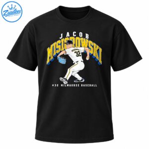 Jacob Misiorowski number 32 baseball graphic with gold and blue lettering and an illustrated pitcher in a white uniform