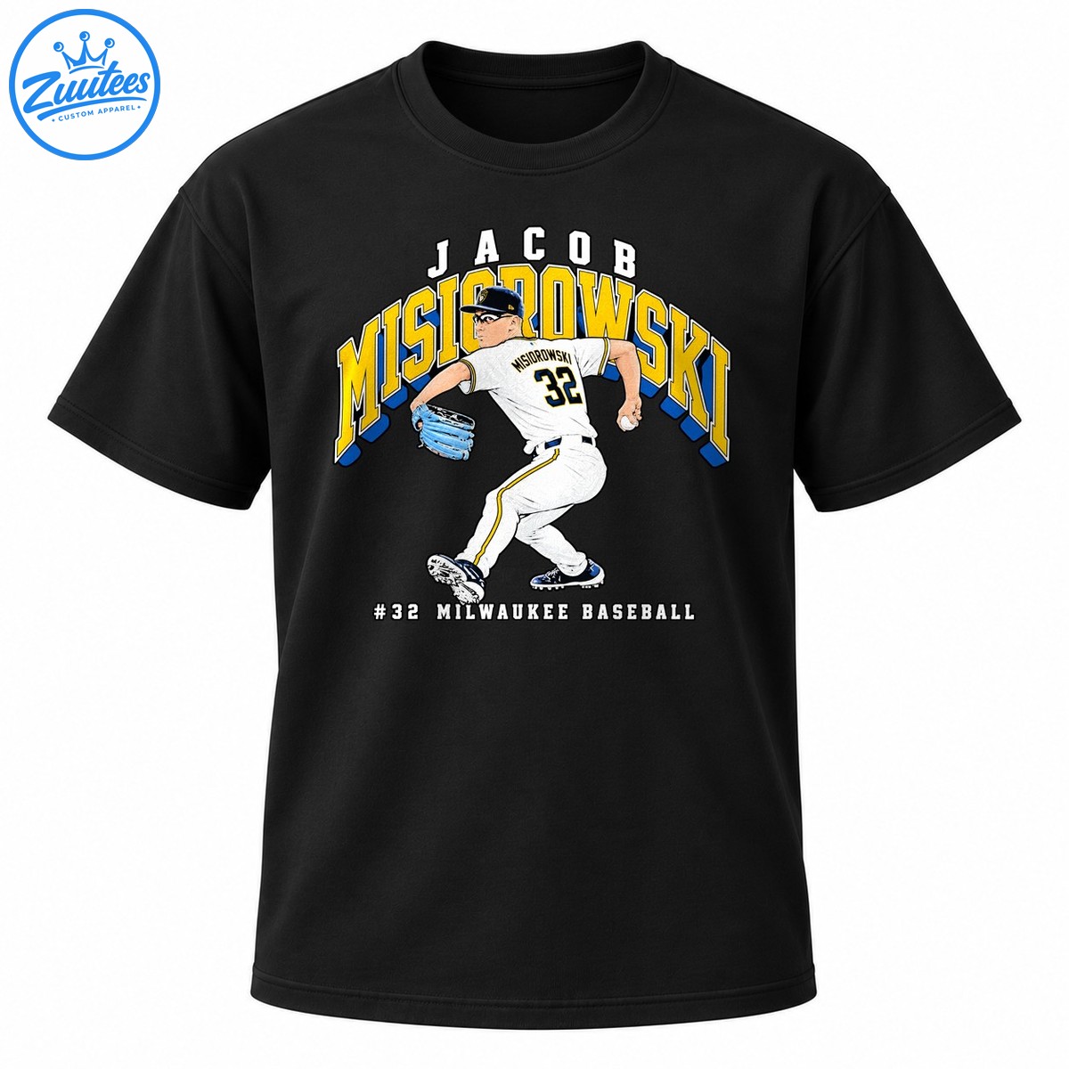 Jacob Misiorowski number 32 baseball graphic with gold and blue lettering and an illustrated pitcher in a white uniform Jacob Misiorowski number 32 baseball graphic with gold and blue lettering and an illustrated pitcher in a white uniform
