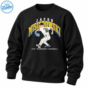 Jacob Misiorowski number 32 baseball graphic with gold and blue lettering and an illustrated pitcher in a white uniform