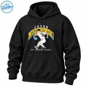 Jacob Misiorowski number 32 baseball graphic with gold and blue lettering and an illustrated pitcher in a white uniform